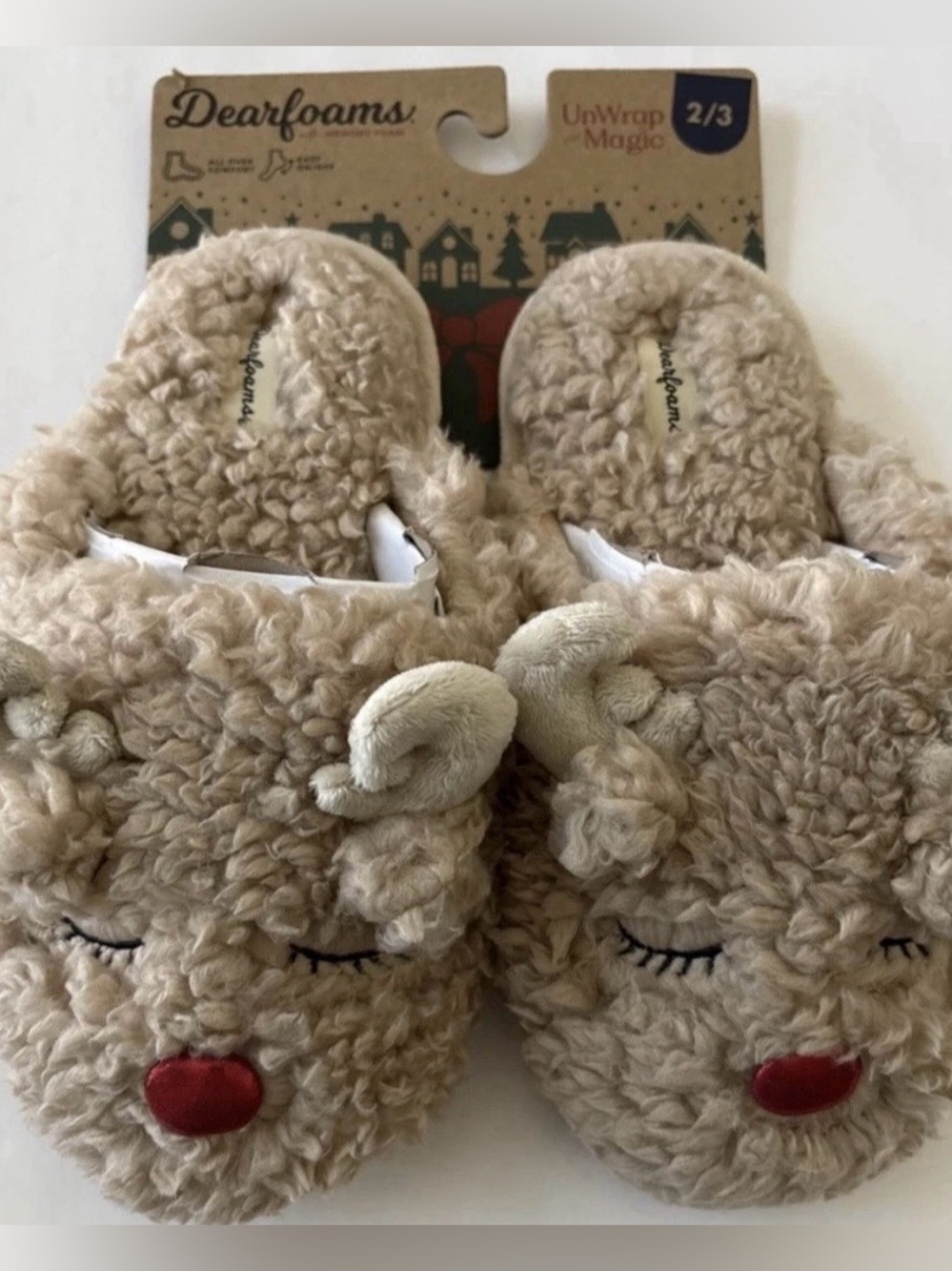 Dearfoams Kids Slippers Christmas Reindeer Tan/Red Size 2 3